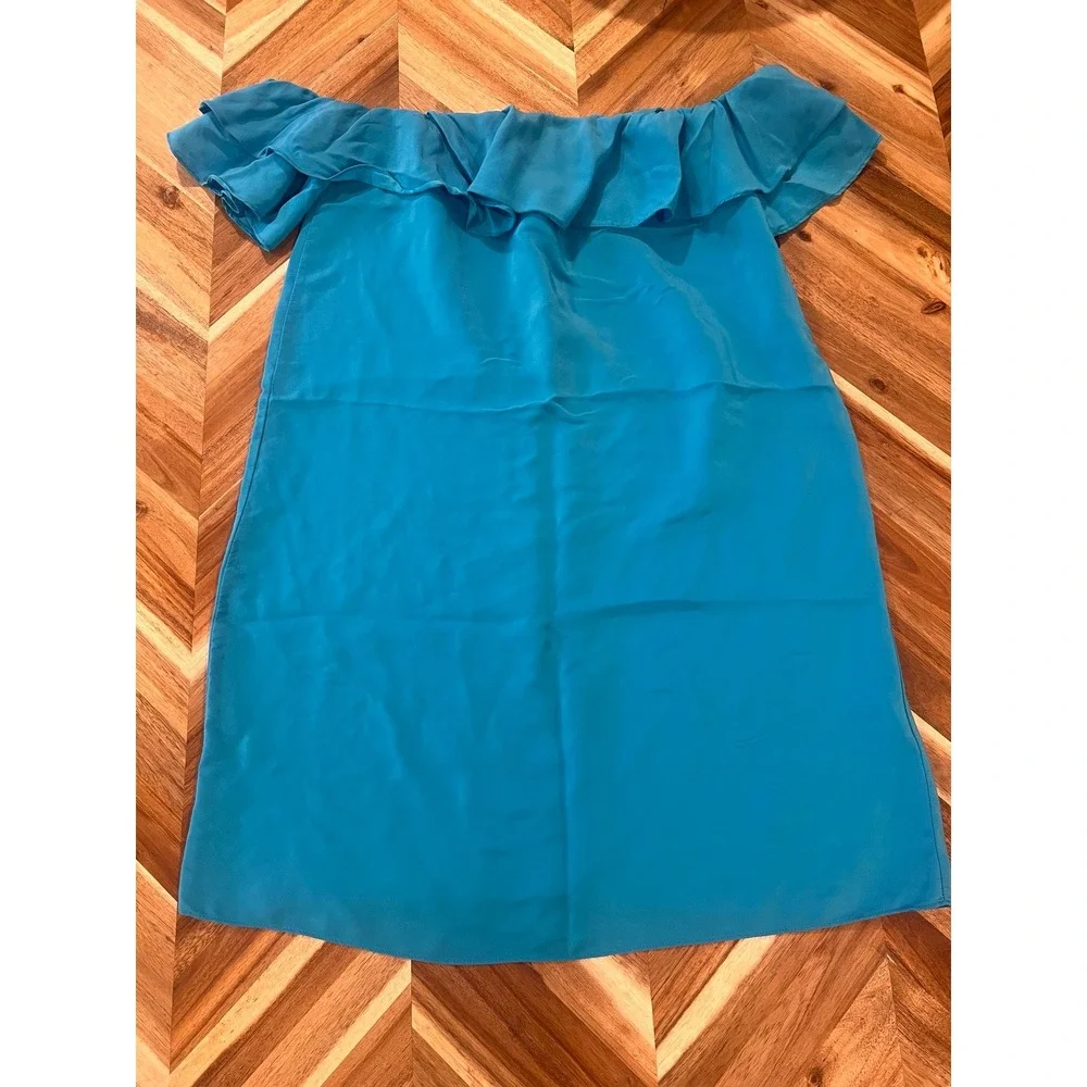 Amanda Uprichard 100% Silk Mini Dress Off the Shoulder Blue Teal - Picture 2 of 6